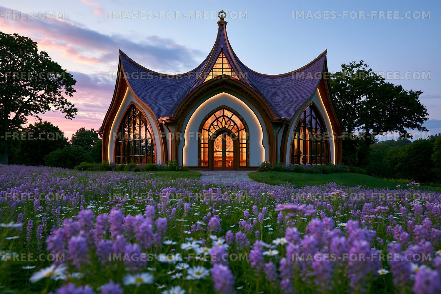 Colorful building surrounded by flowers during sunset