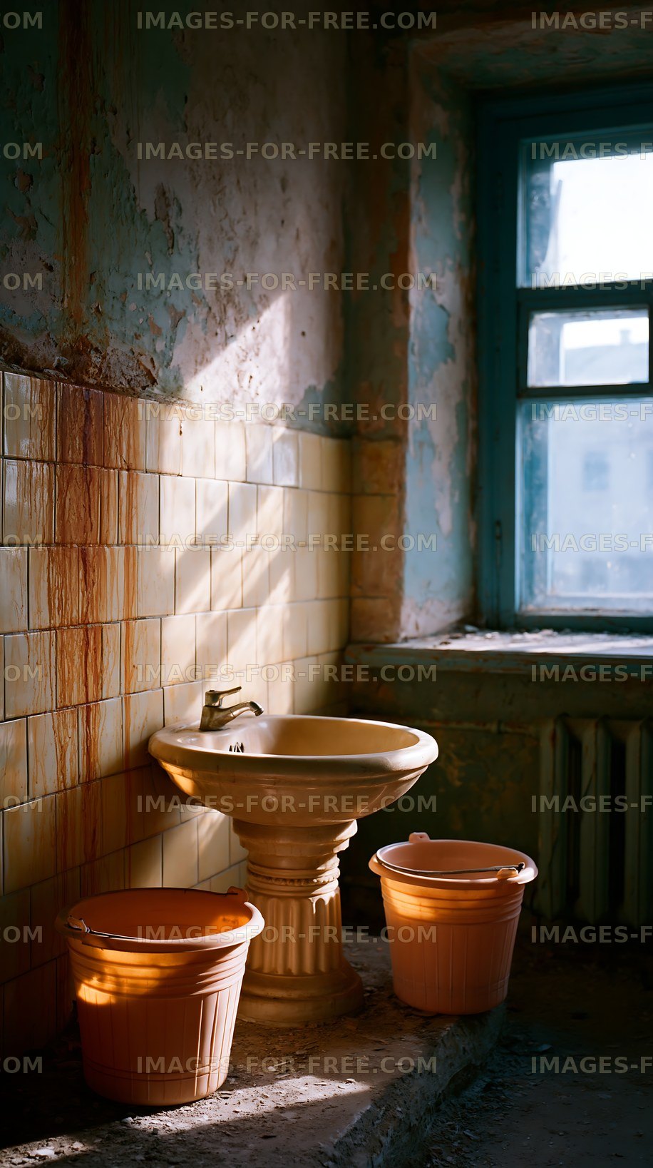 Old bathroom with a sink and buckets in a sunlight room