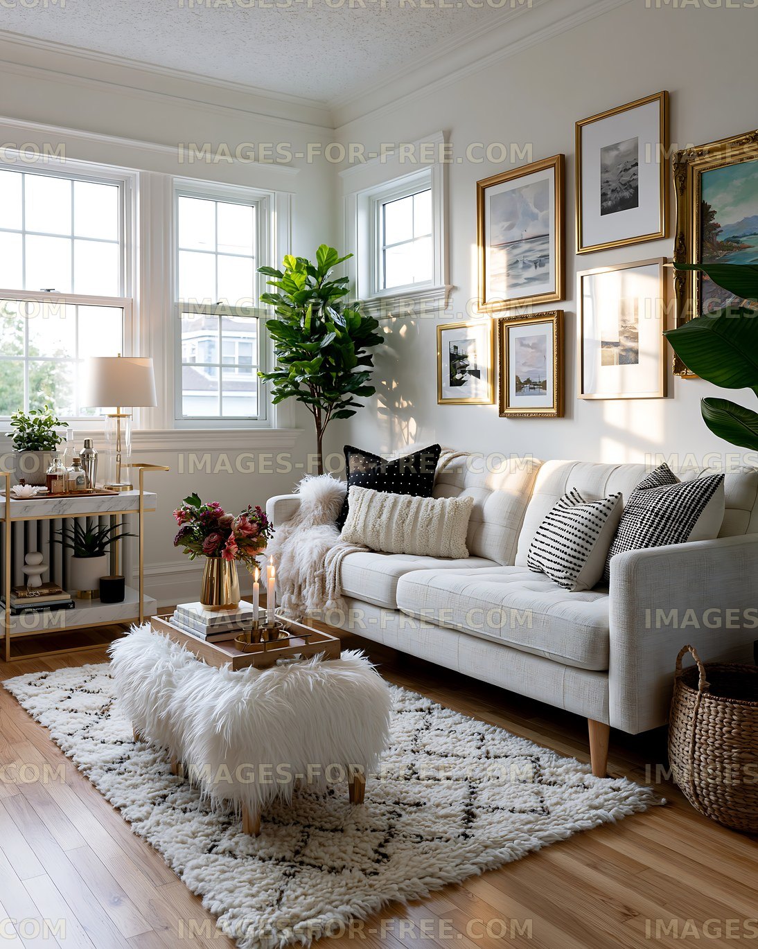 Cozy living room with plants, art, and soft furnishings