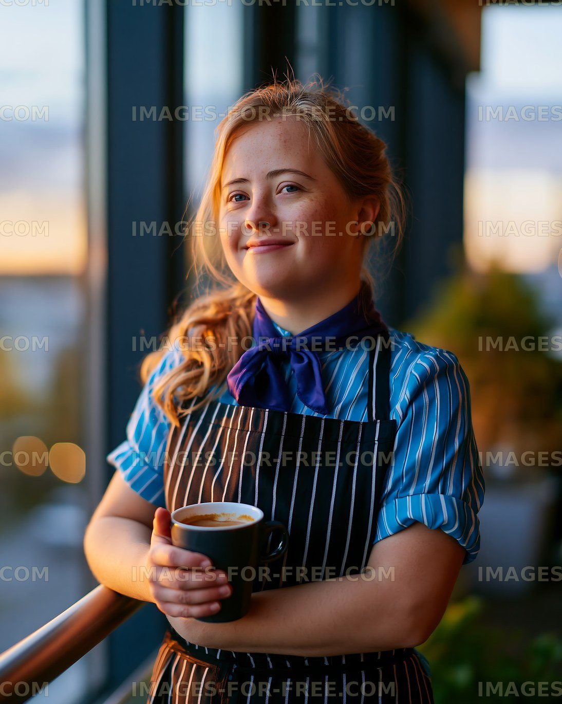Barista holding a cup of coffee in a cafe during sunset