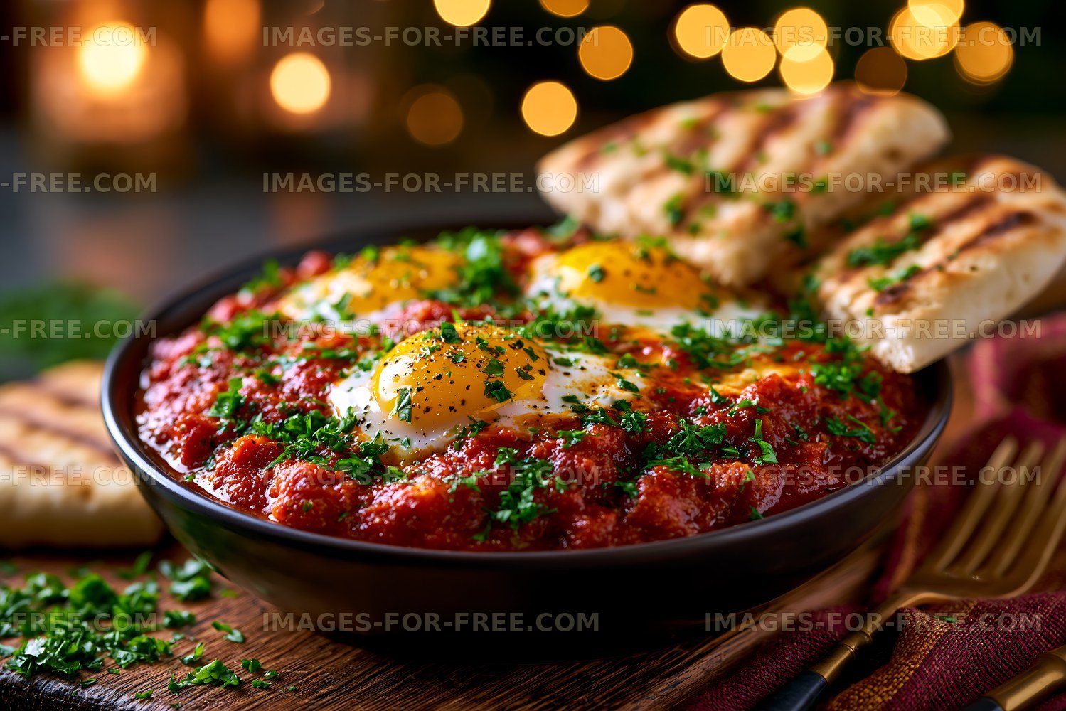 Eggs on tomato sauce with herbs and flatbread on a wooden table