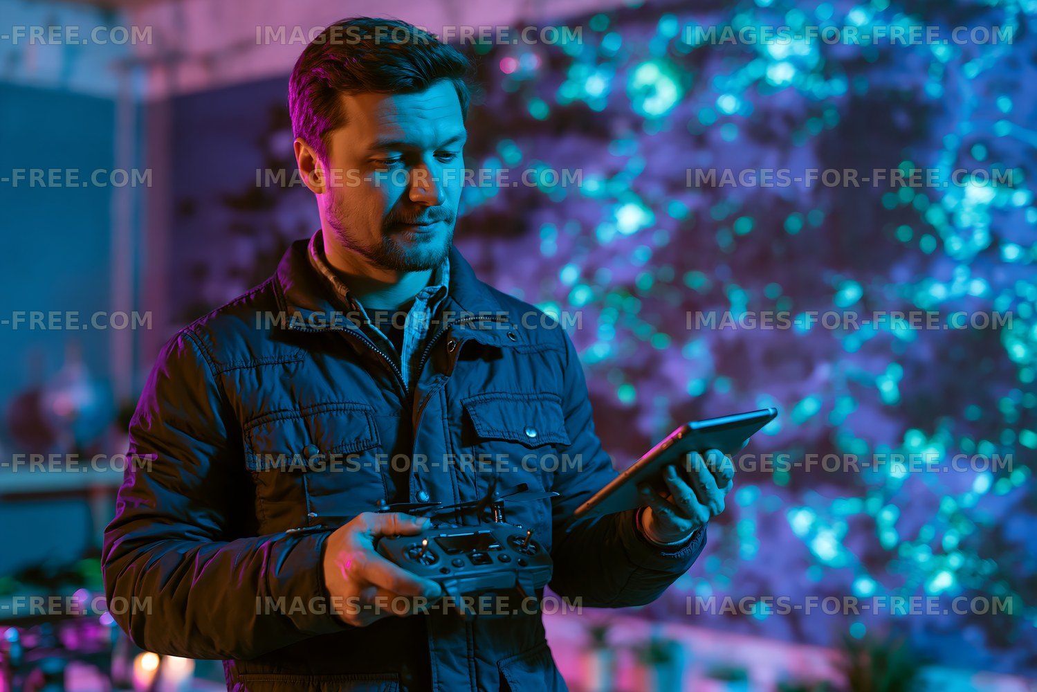 Man controls drone with remote in colorful setting