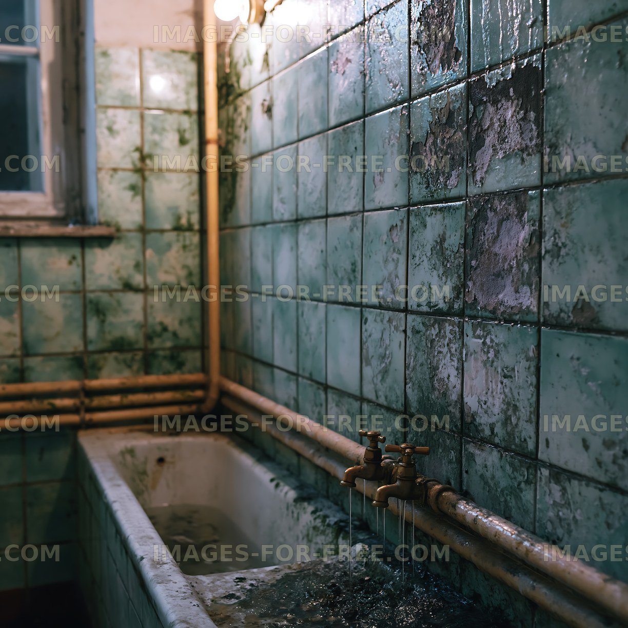 Old bathroom with a rusty bathtub and peeling tiles in dim light