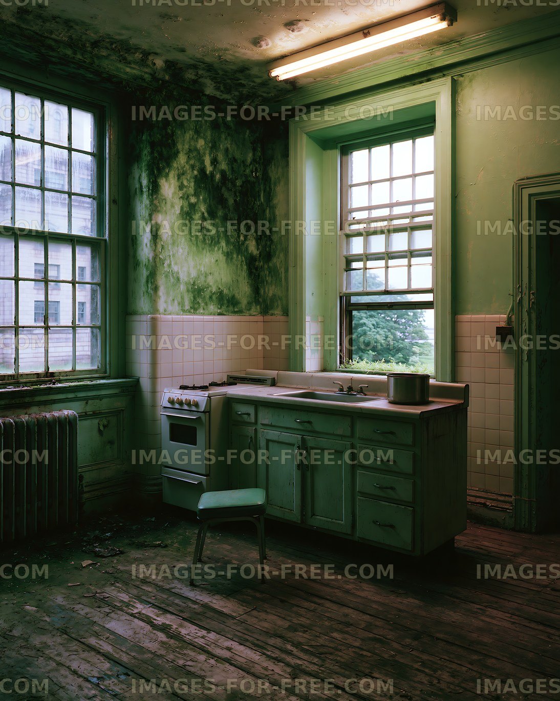 Abandoned kitchen with peeling paint and natural light