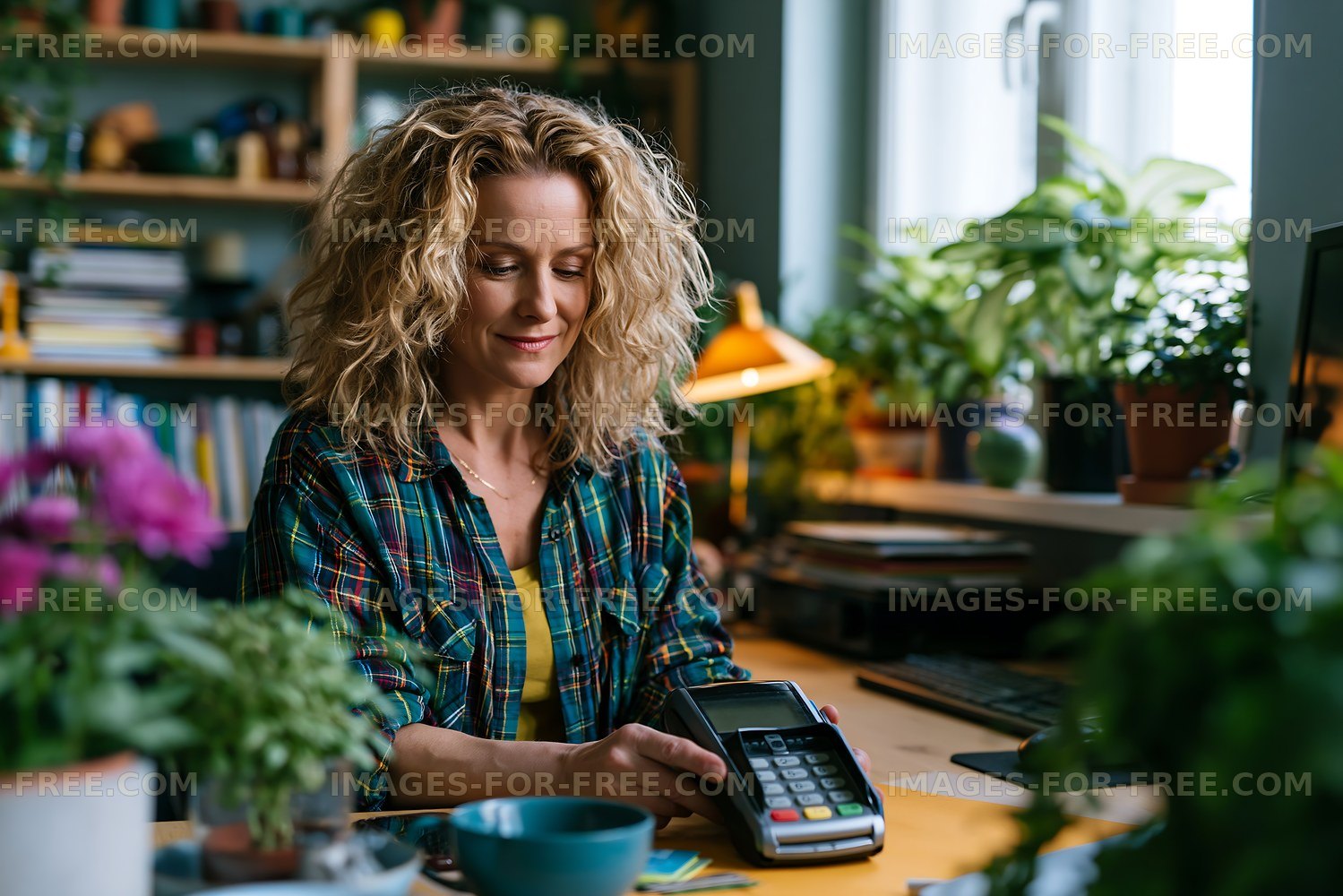Woman using payment terminal in a cozy home office