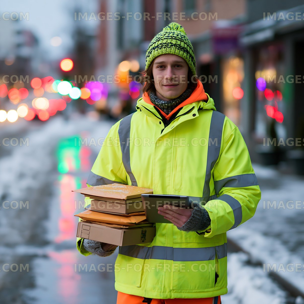 Delivery worker holding packages on a snowy street at dusk