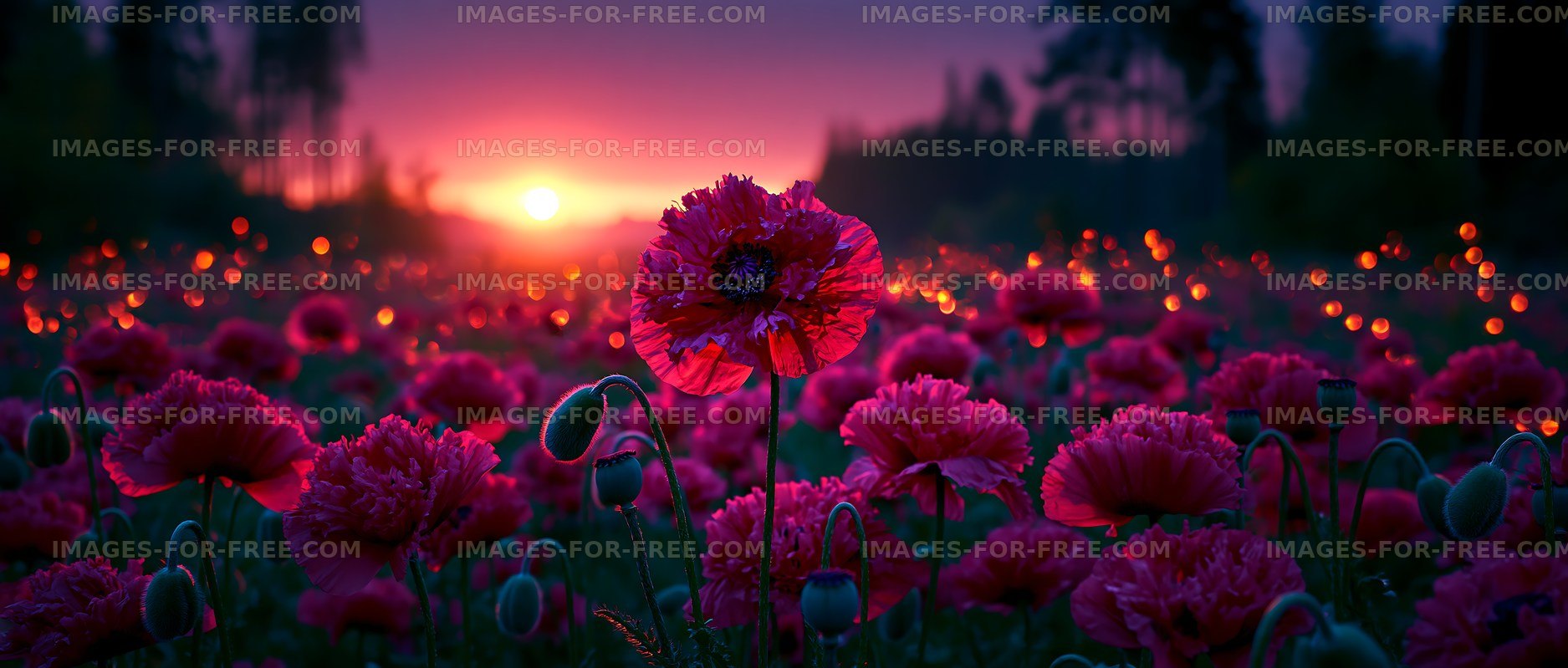 Vibrant poppy field at sunset with glowing lights
