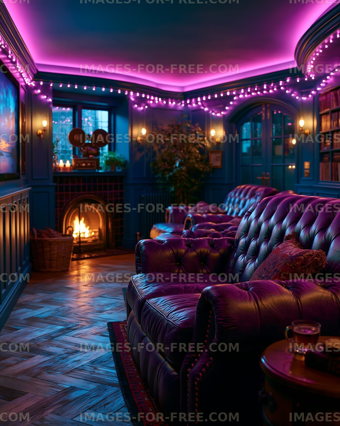 Cozy room with a fireplace and purple lights in an inviting setting