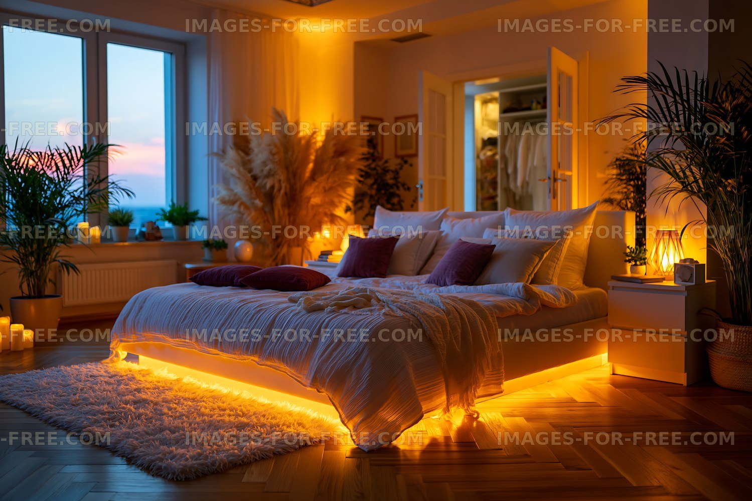 Cozy bedroom with warm lighting and plants in evening time