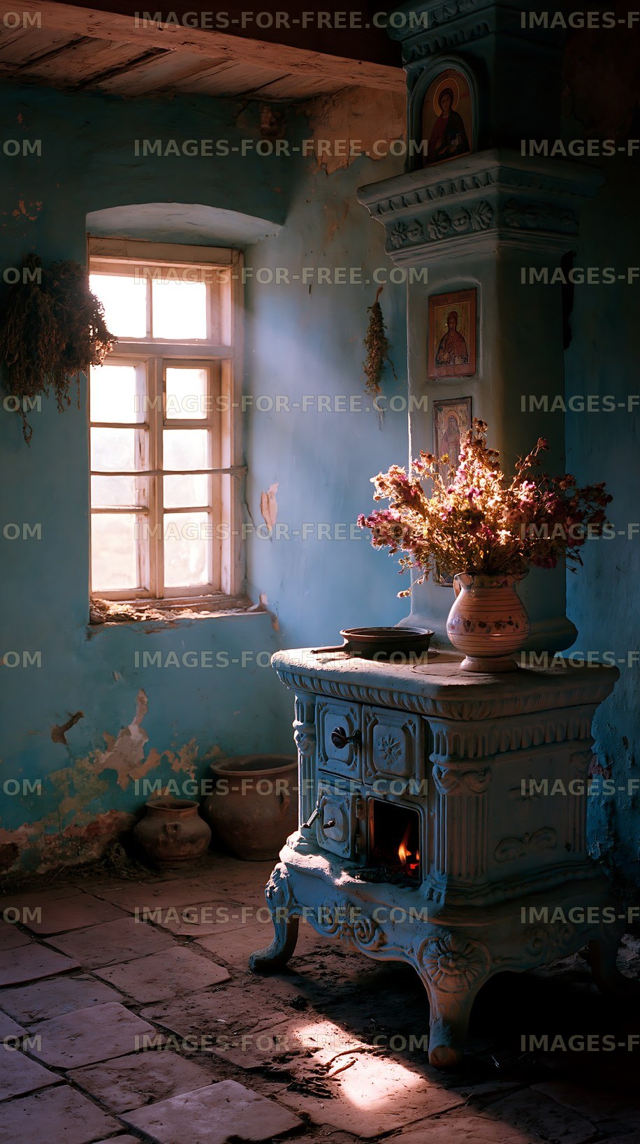 Sunlight streams through a window in an abandoned room