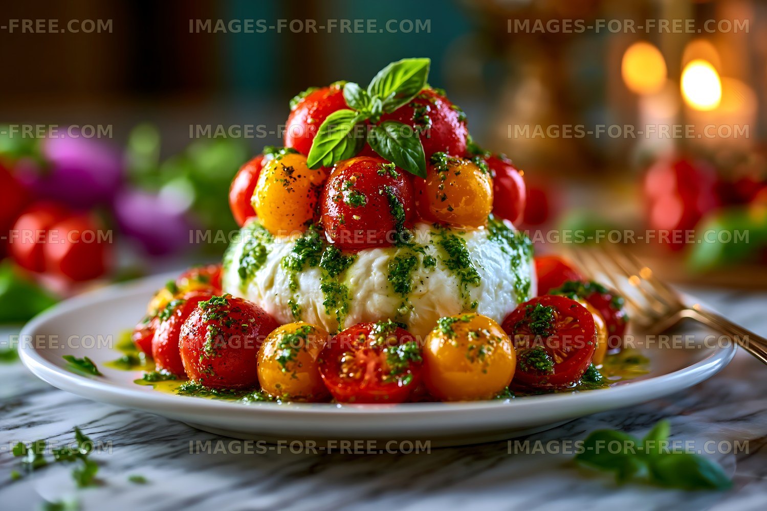 Fresh tomatoes on a plate with herbs and cheese