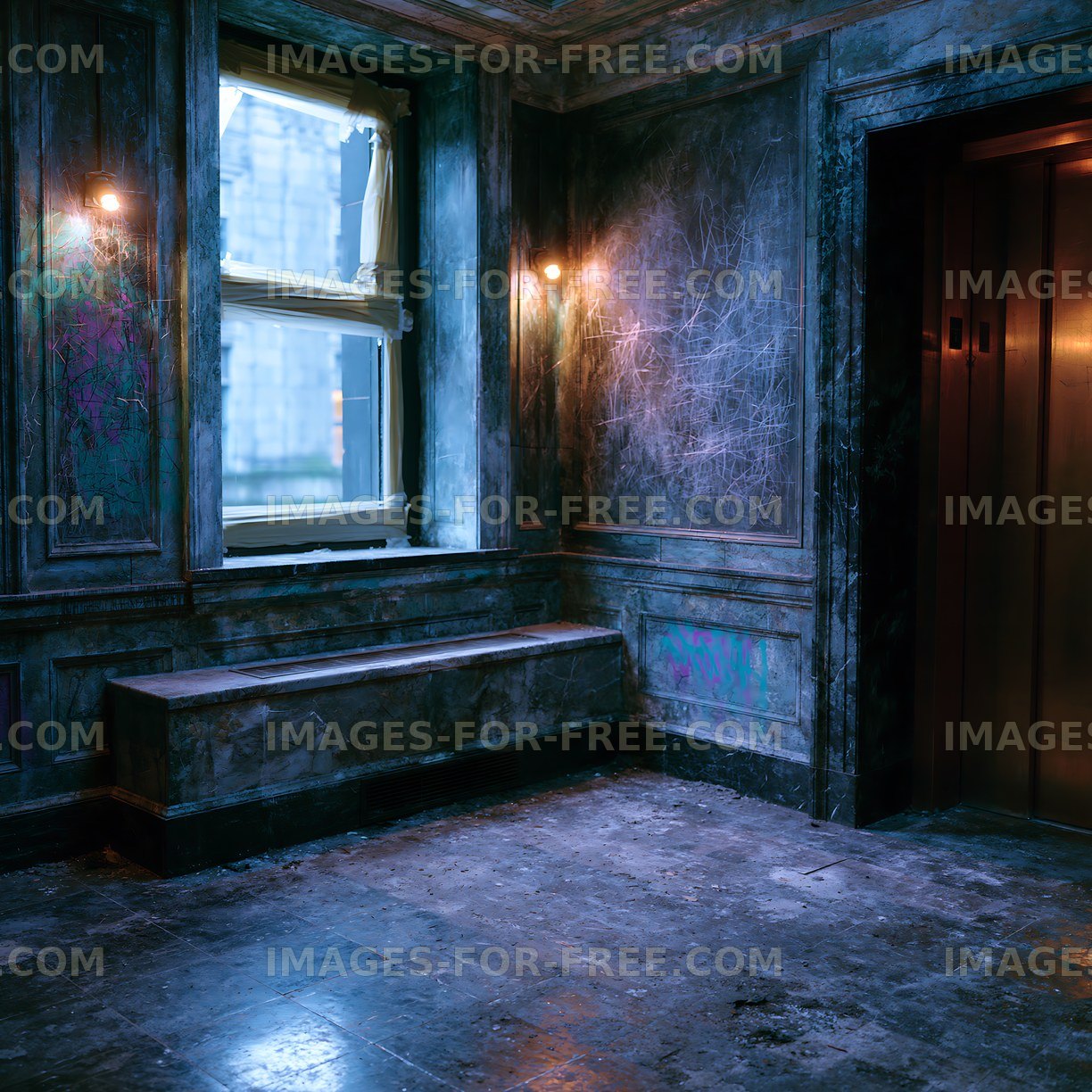 Empty room with elevator and large window