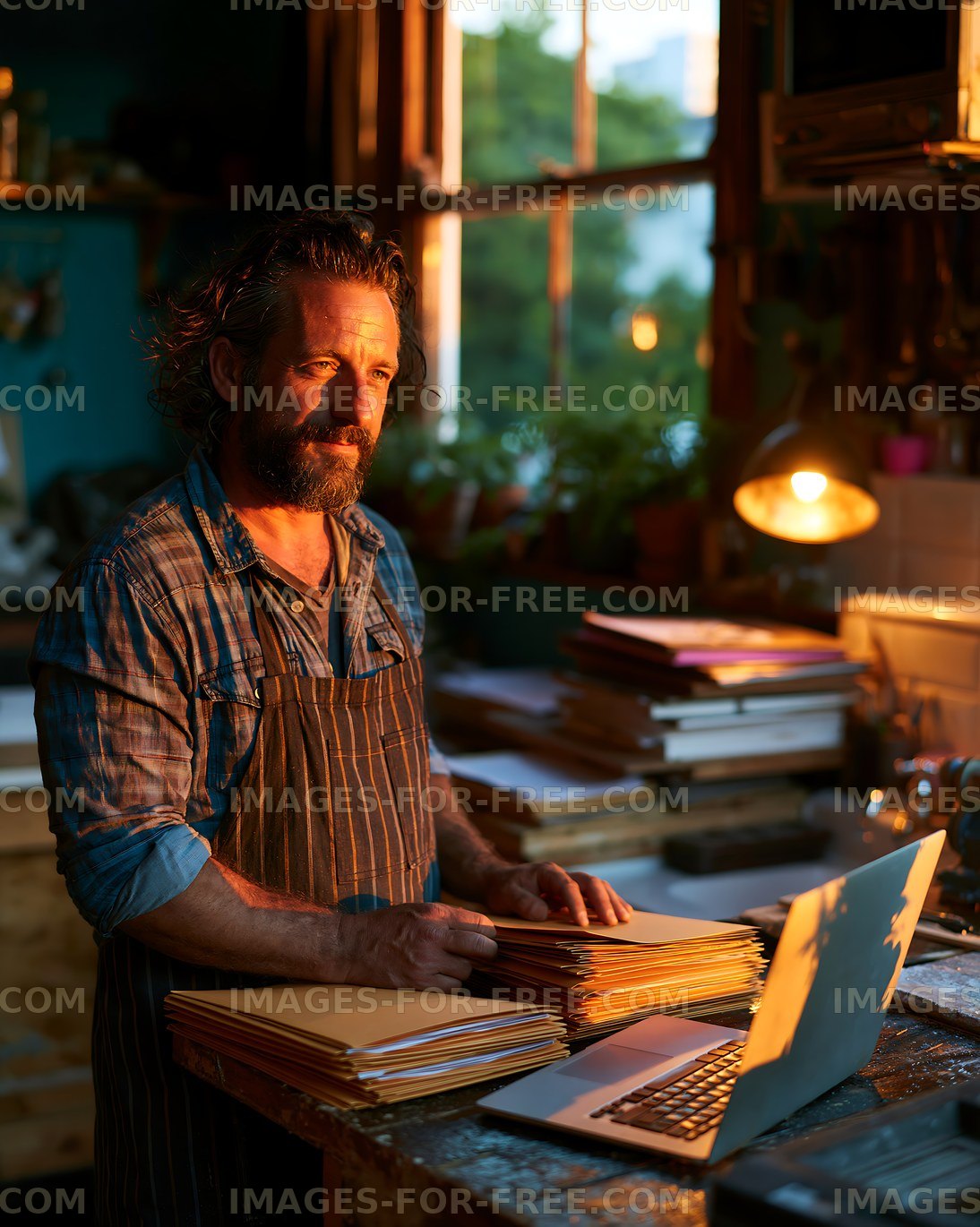 Man working in a workshop with files and a laptop in warm light