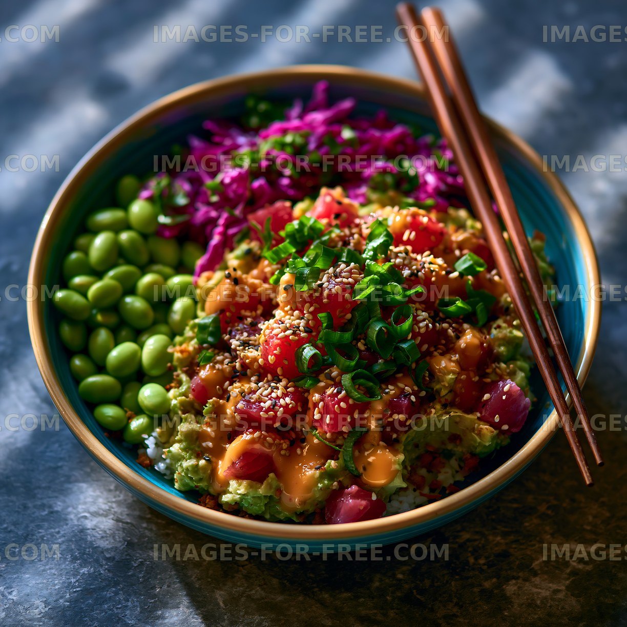Bowl of colorful sushi rice with vegetables and fish topping