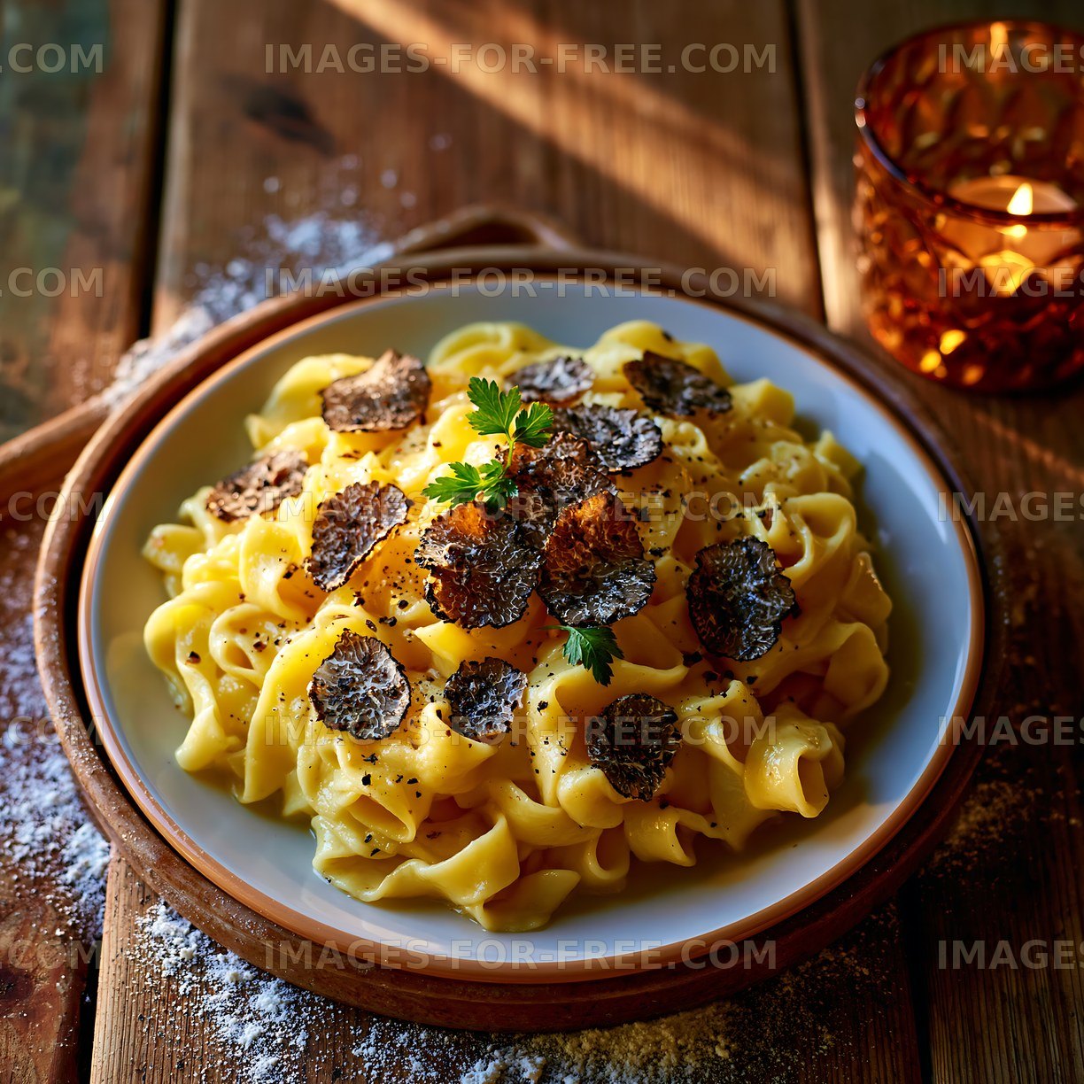 Plate of pasta with truffles served on wooden table