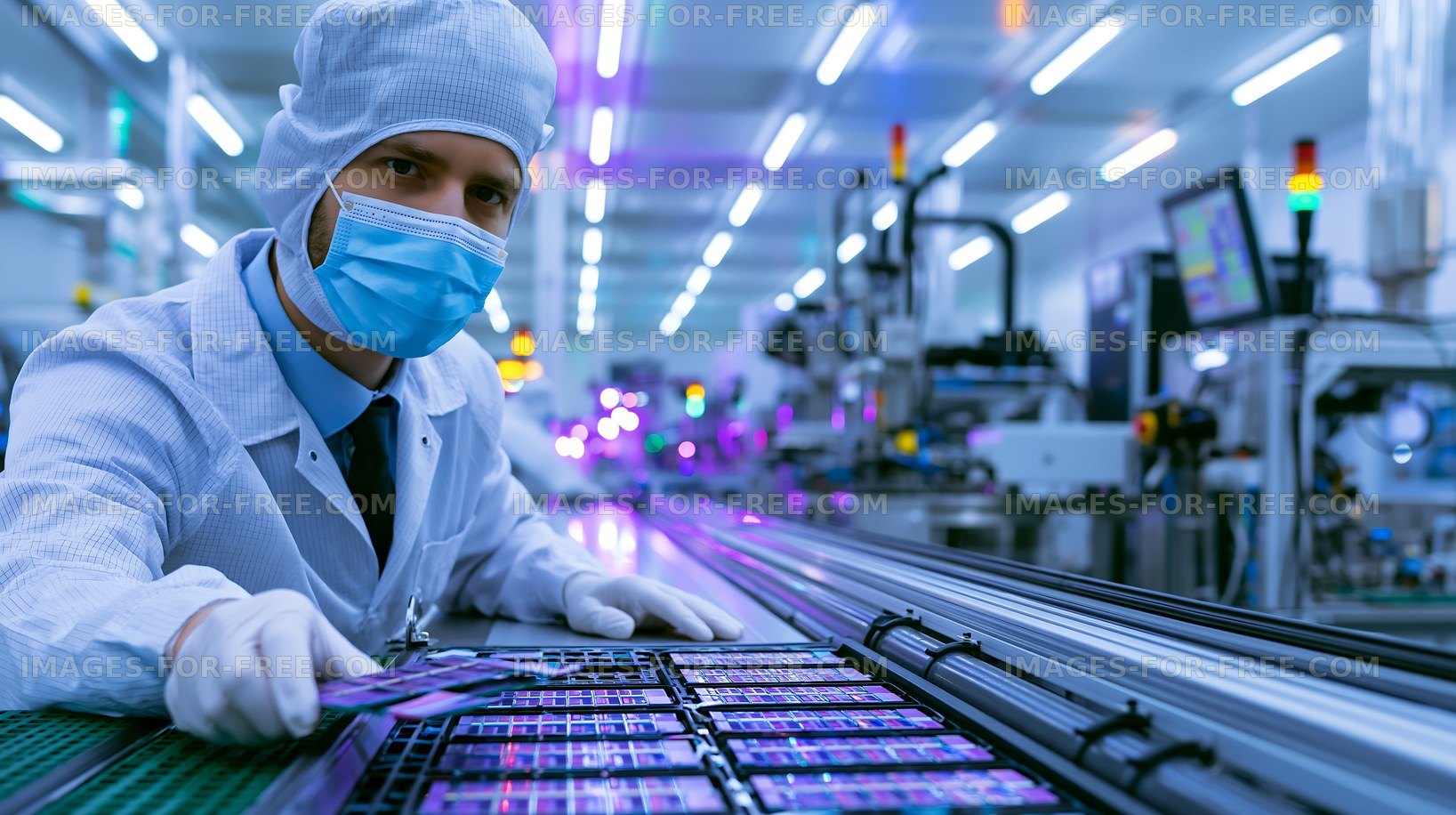 Man working in a clean room setting with electronic components