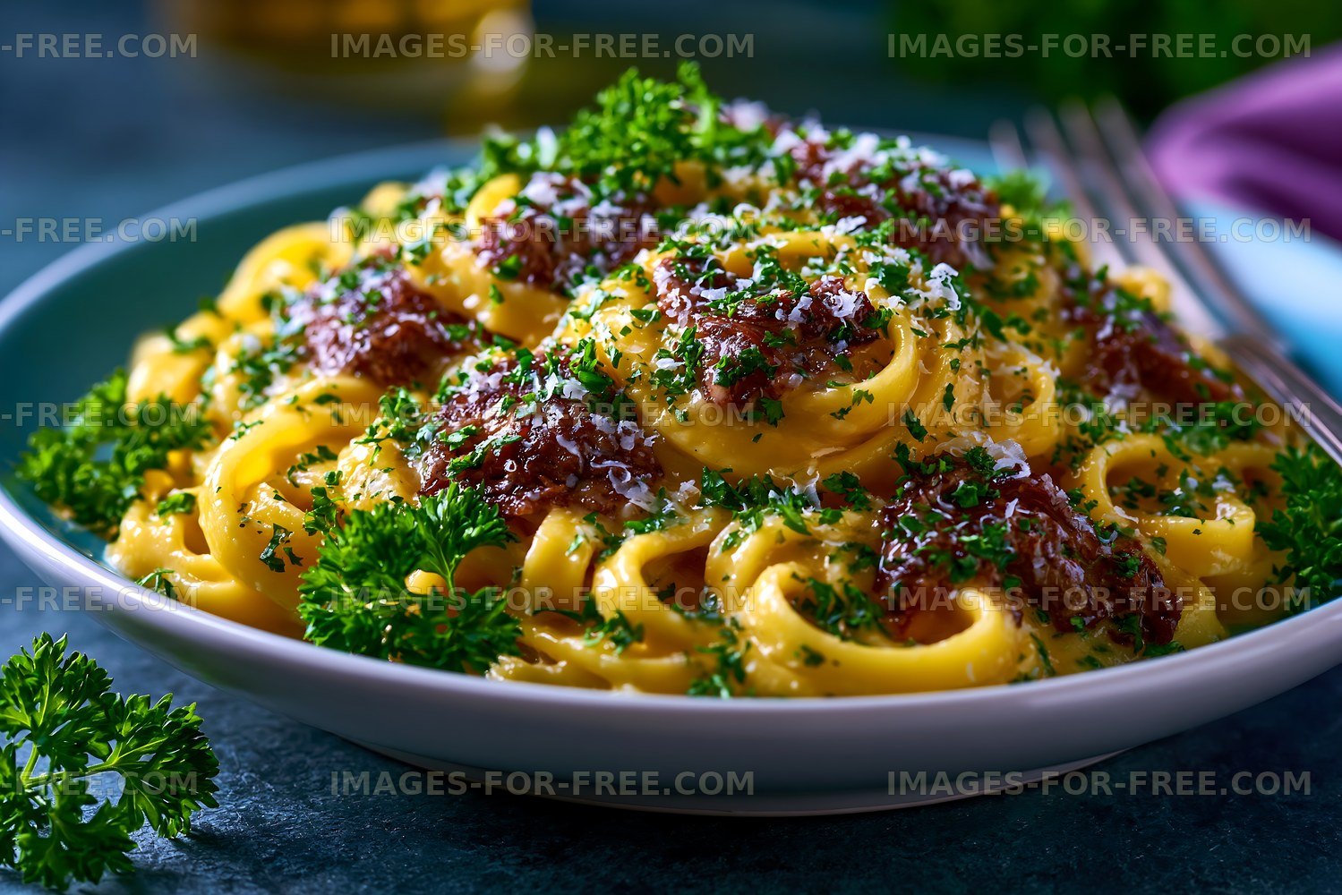 Pasta dish with parsley and cheese on a blue plate