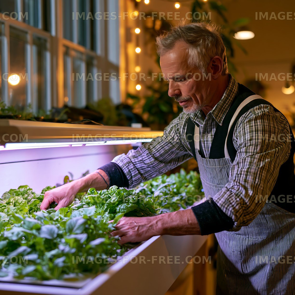 Gardener tending to fresh greens in an indoor garden at night