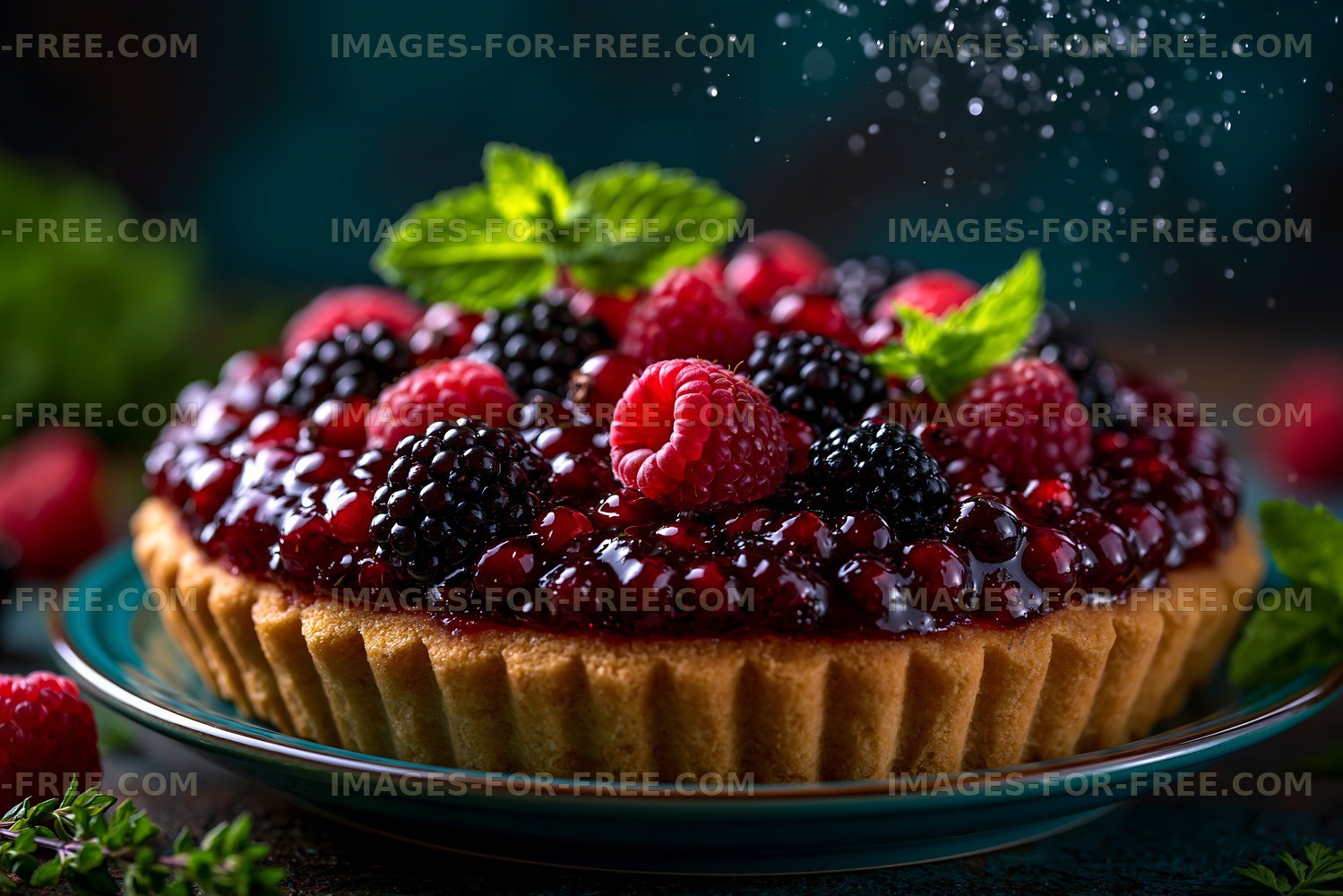 Fresh fruit tart with raspberries and blackberries on a table