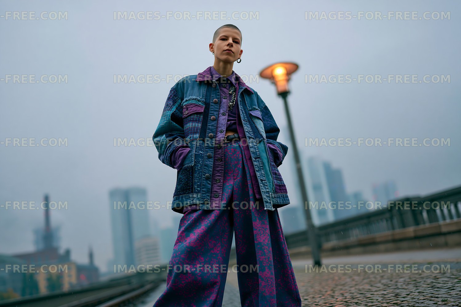 A person stands confidently on a bridge in a city at dusk
