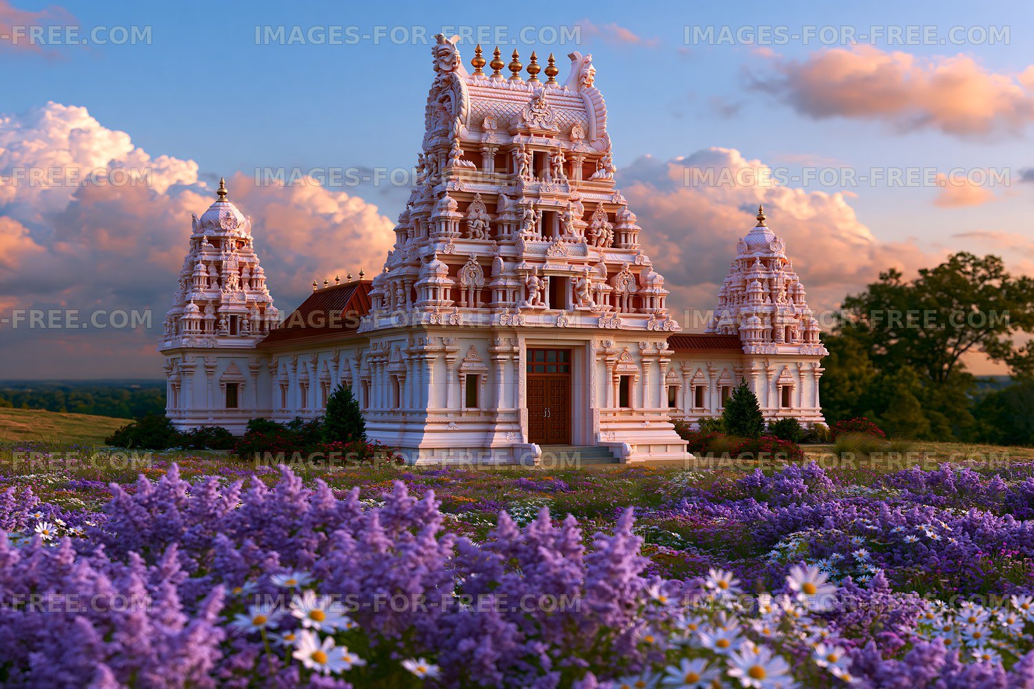 Beautiful temple surrounded by flowers and trees at sunset