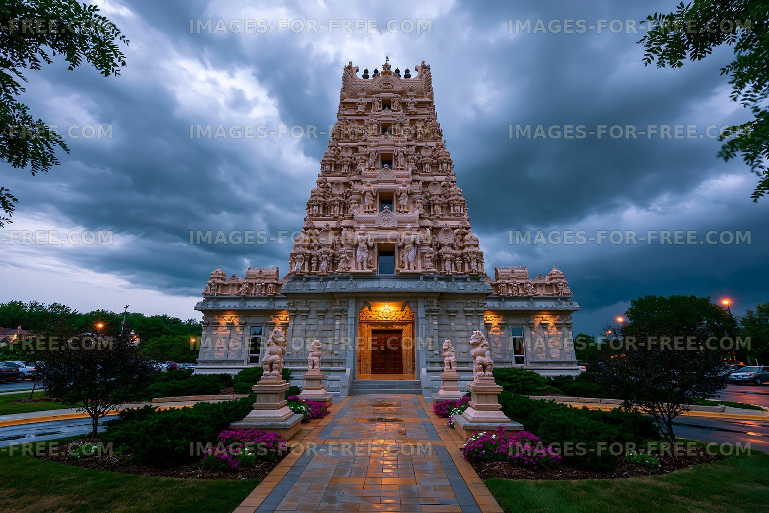 Temple structure under a cloudy sky during dusk