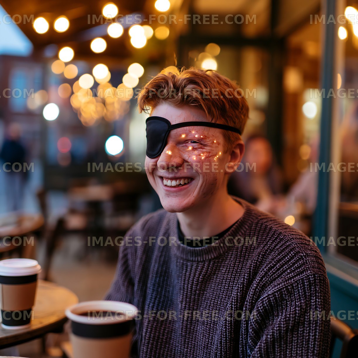 Young man smiling with eyepatch in outdoor cafe setting at night