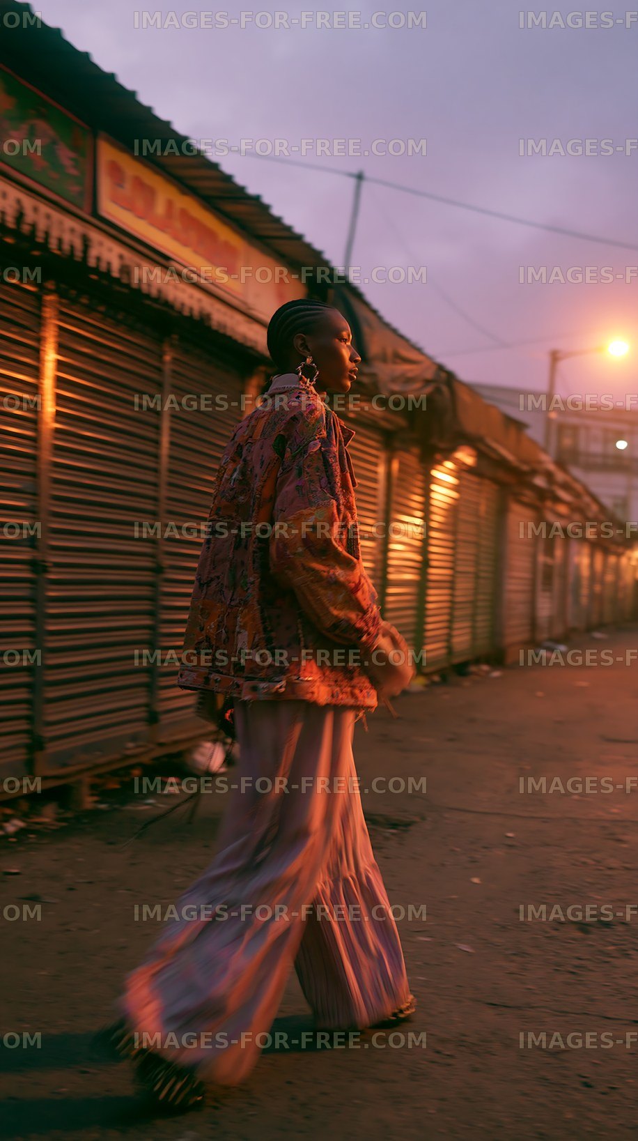 Woman walking in market area at dusk