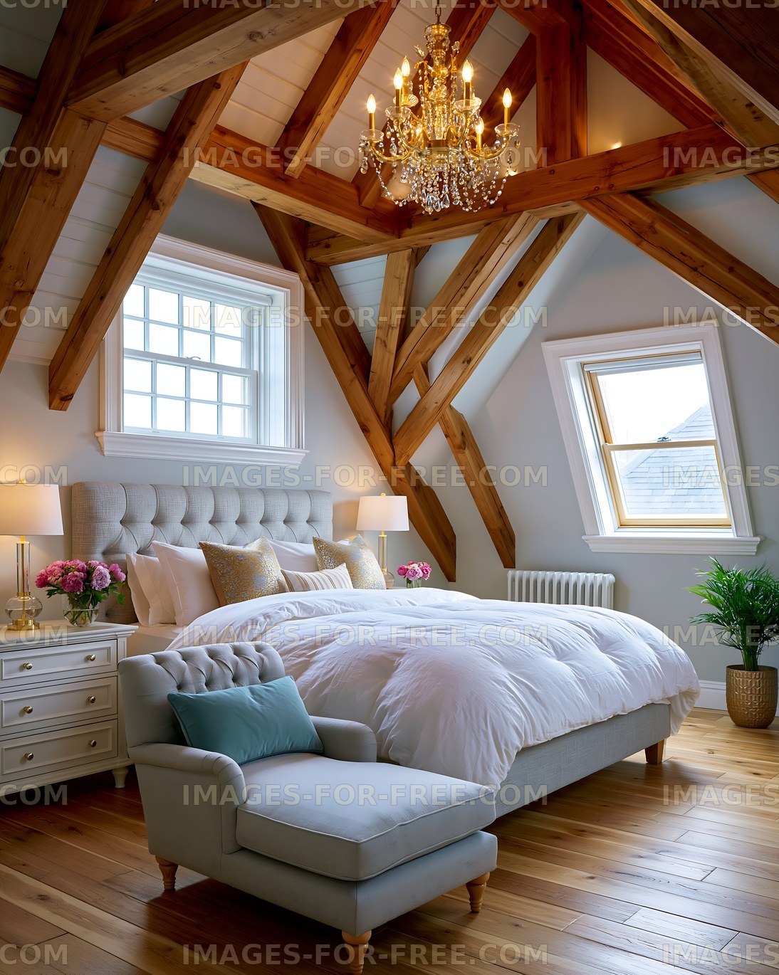 Elegant bedroom with wooden beams and chandelier