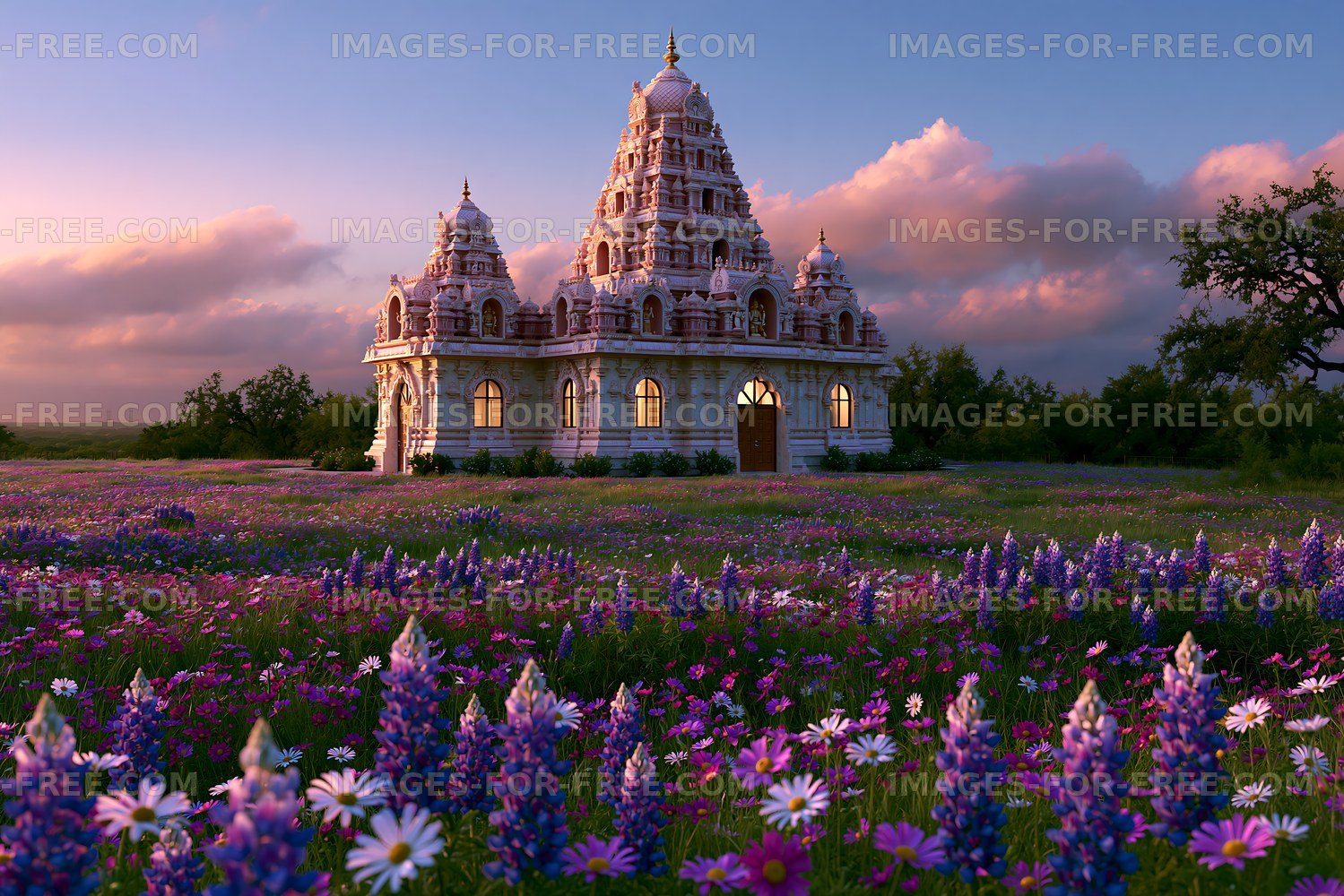 Sunset over temple surrounded by colorful flowers in open field