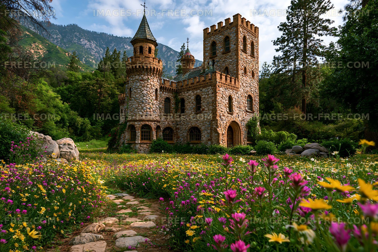Stone castle surrounded by flowers and greenery