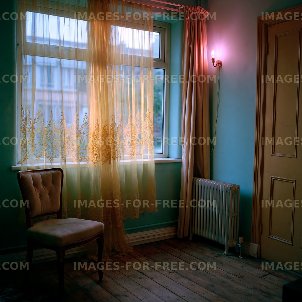 Cozy room with a chair and window covered by light curtains