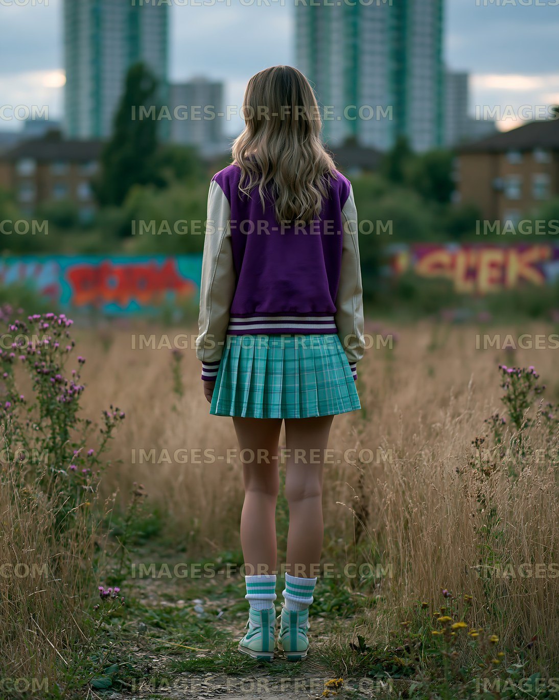 Girl standing in a field wearing a school uniform with city backdrop