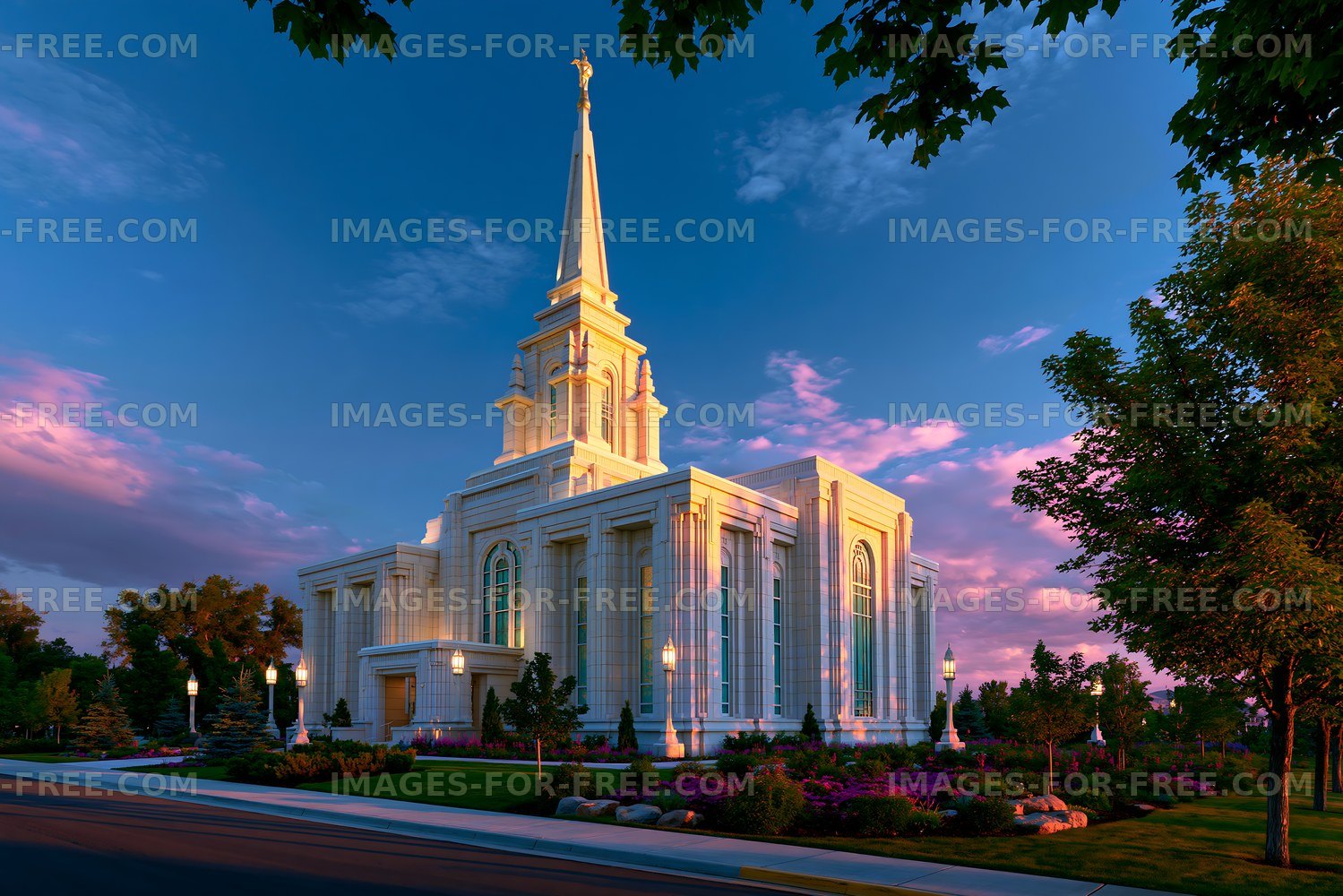 Church building under a clear blue sky with colorful clouds