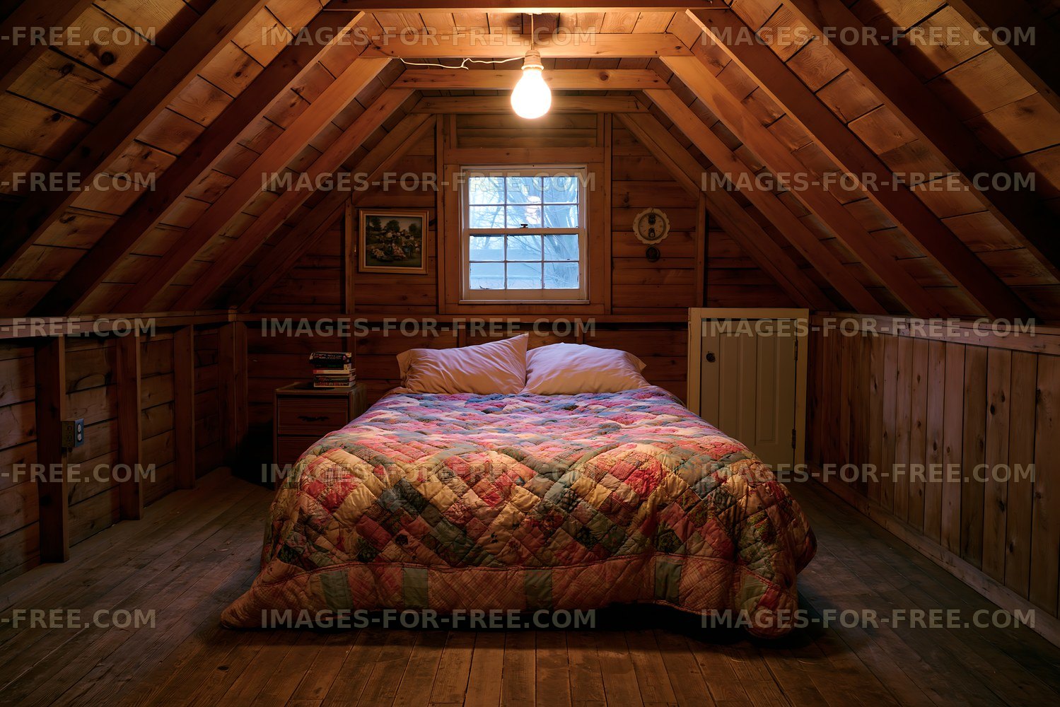 Cozy bedroom in an attic with wooden walls and simple decor