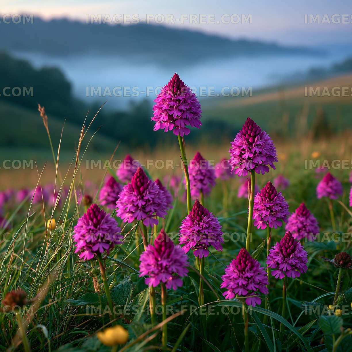 Purple flowers grow in a meadow at sunrise