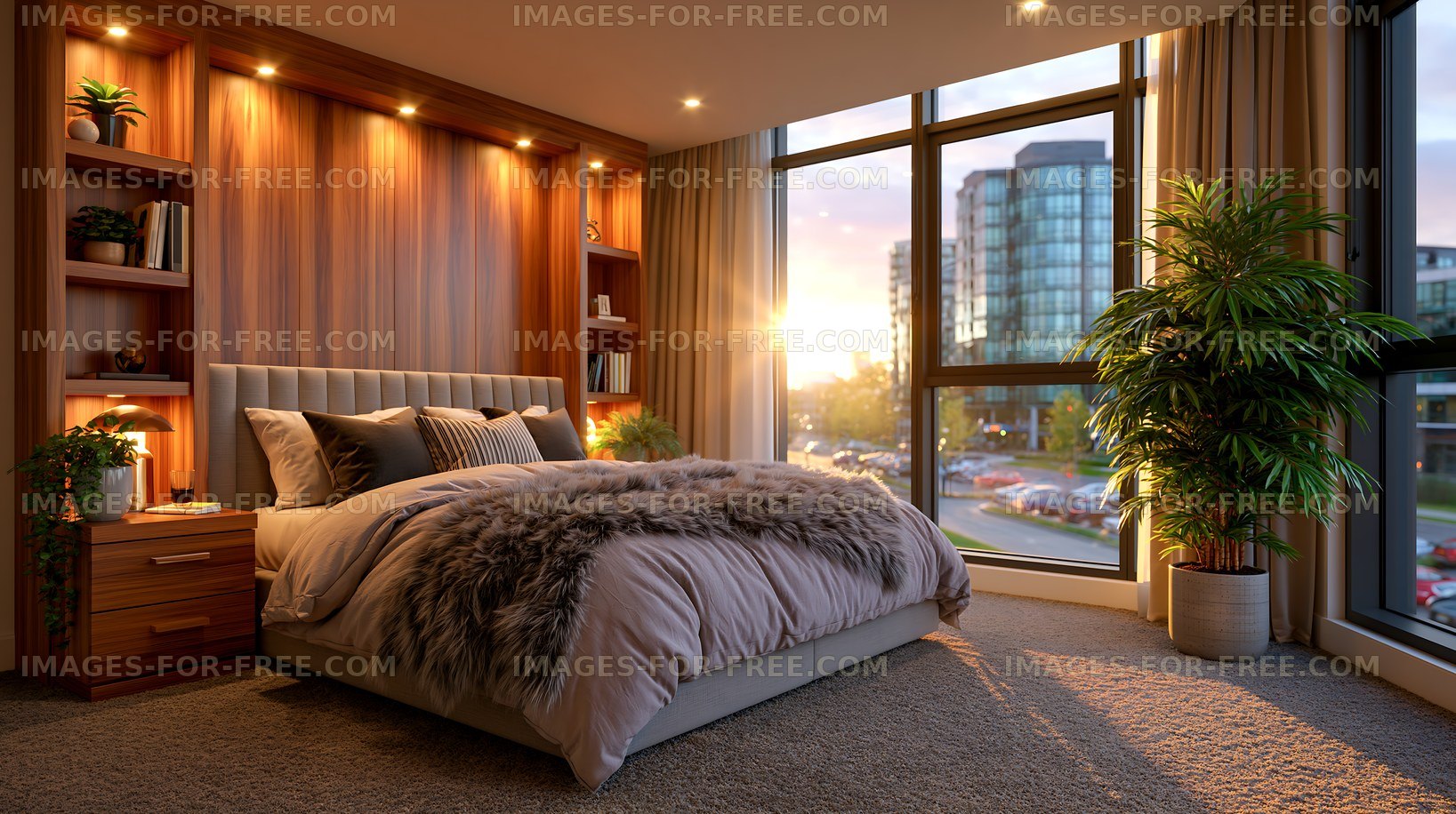 Cozy bedroom interior with large window and city view