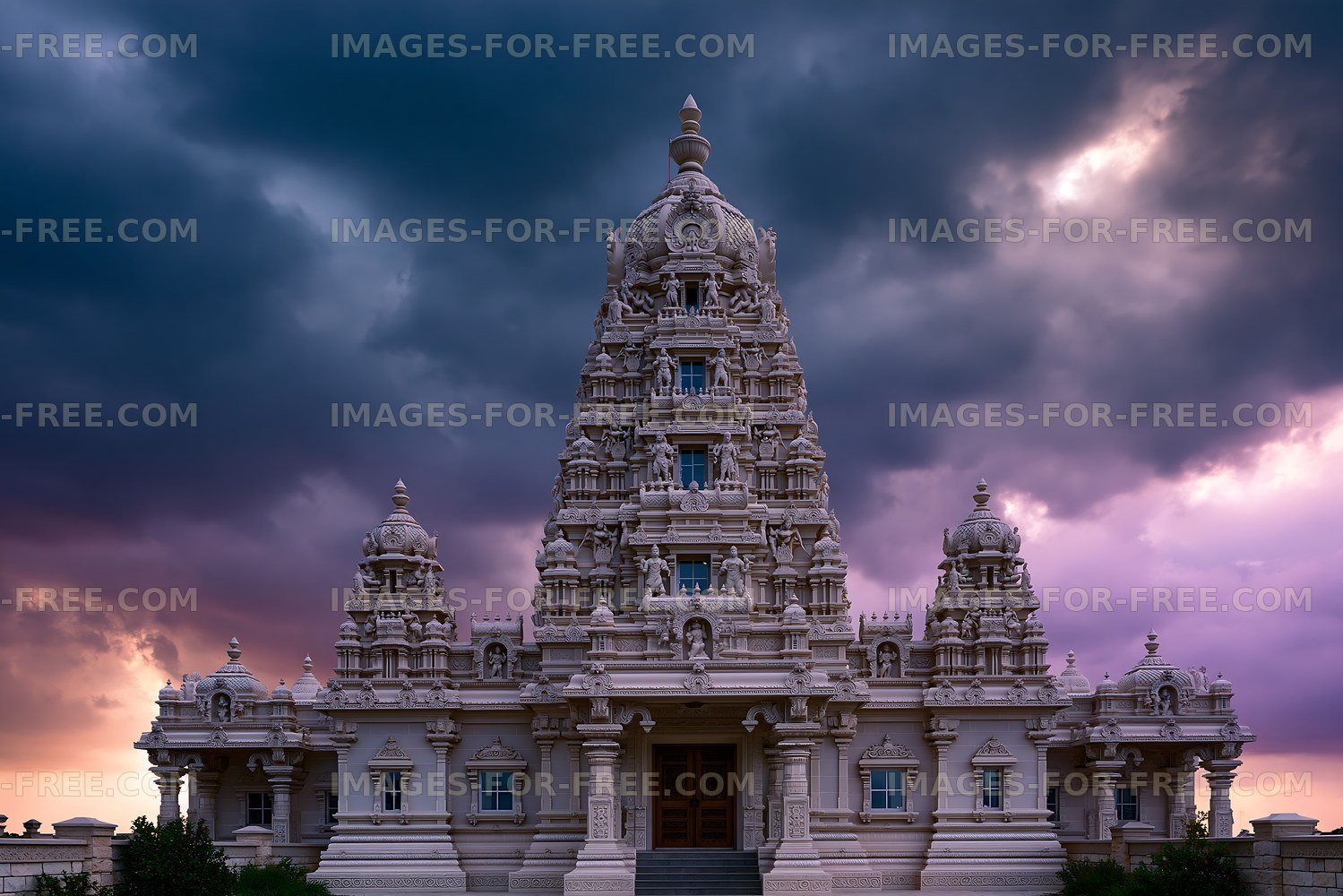 Temple stands under a dramatic sky at dusk