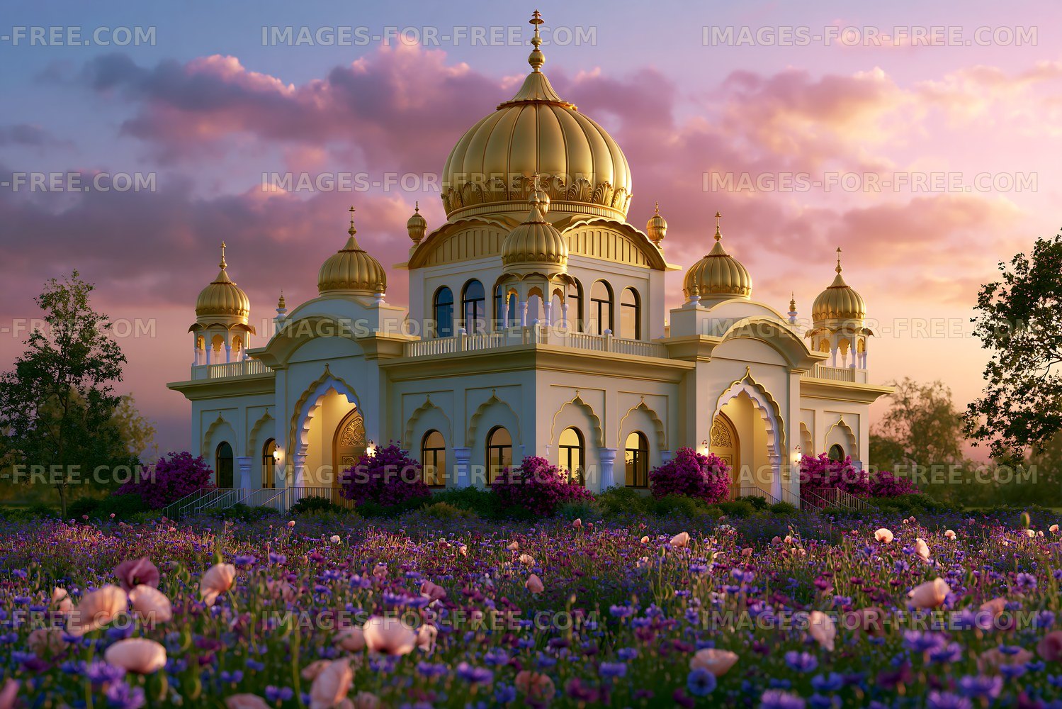 Golden temple with domes during sunset in a flower field