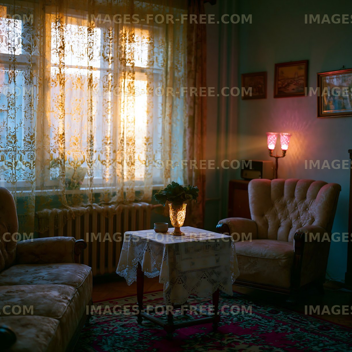 Cozy living room with warm light and vintage furnishings