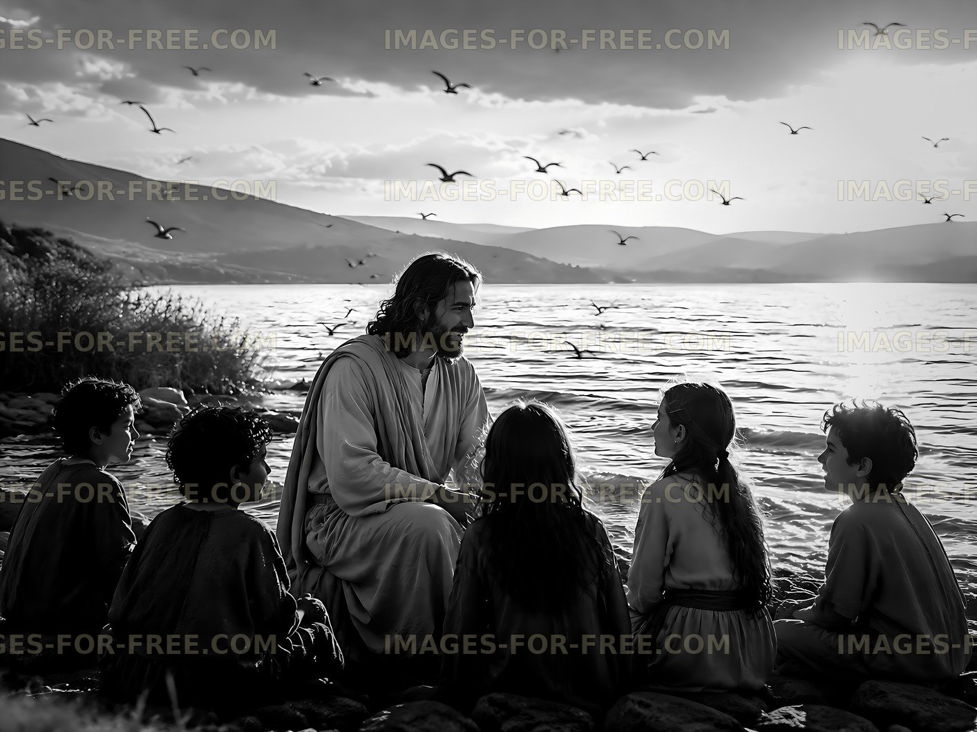 Jesus teaching children by the lake