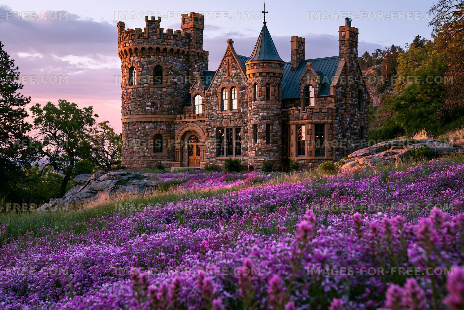 Stone castle surrounded by purple flowers at sunset