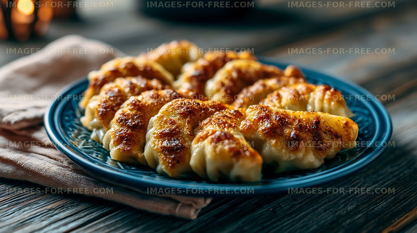 Delicious dumplings served on a blue plate