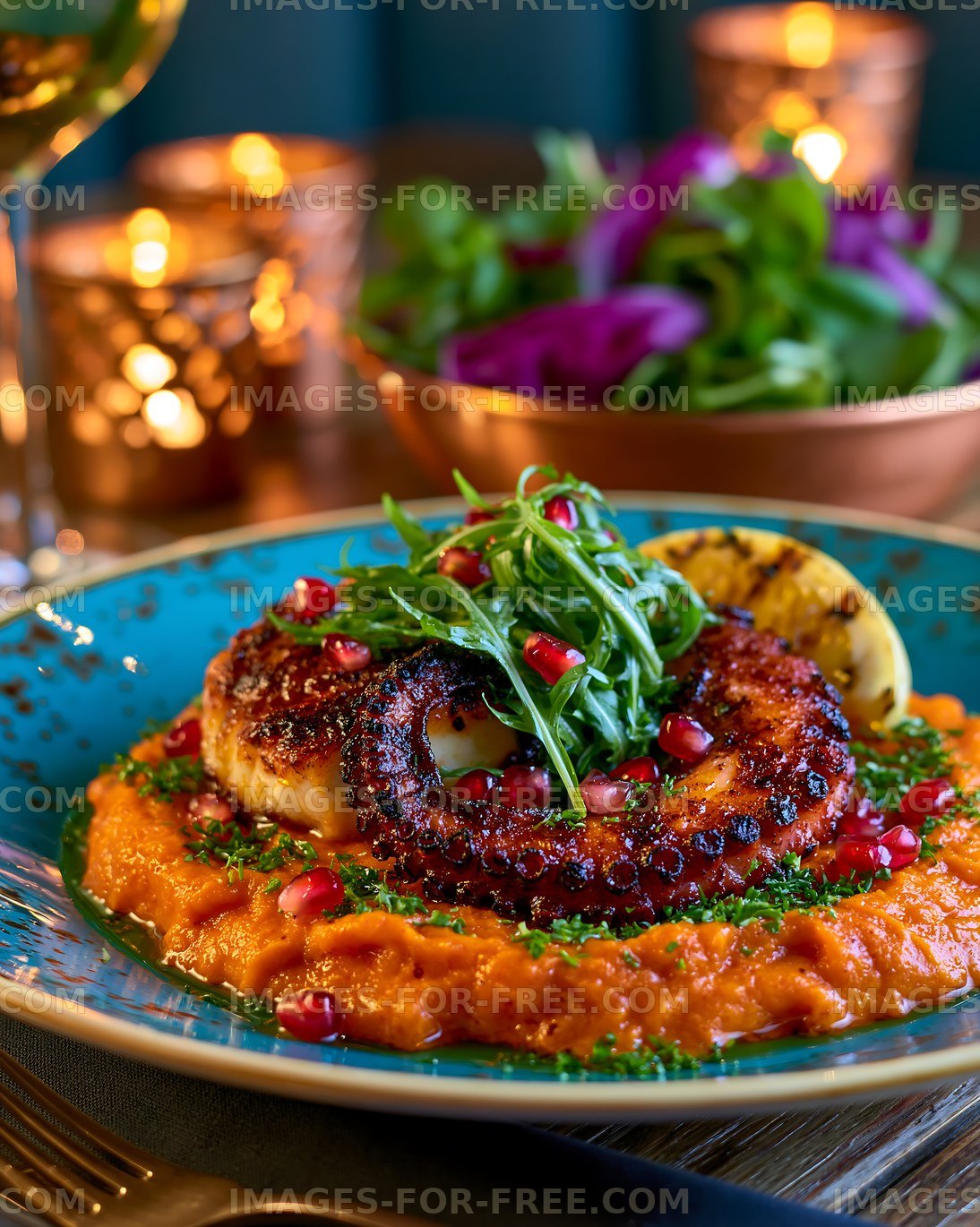 Grilled octopus served on sweet potato puree with salad and garnishes