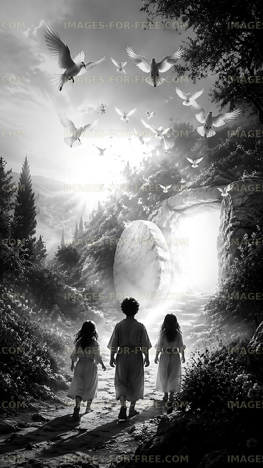 Children walking towards light through a stone pathway