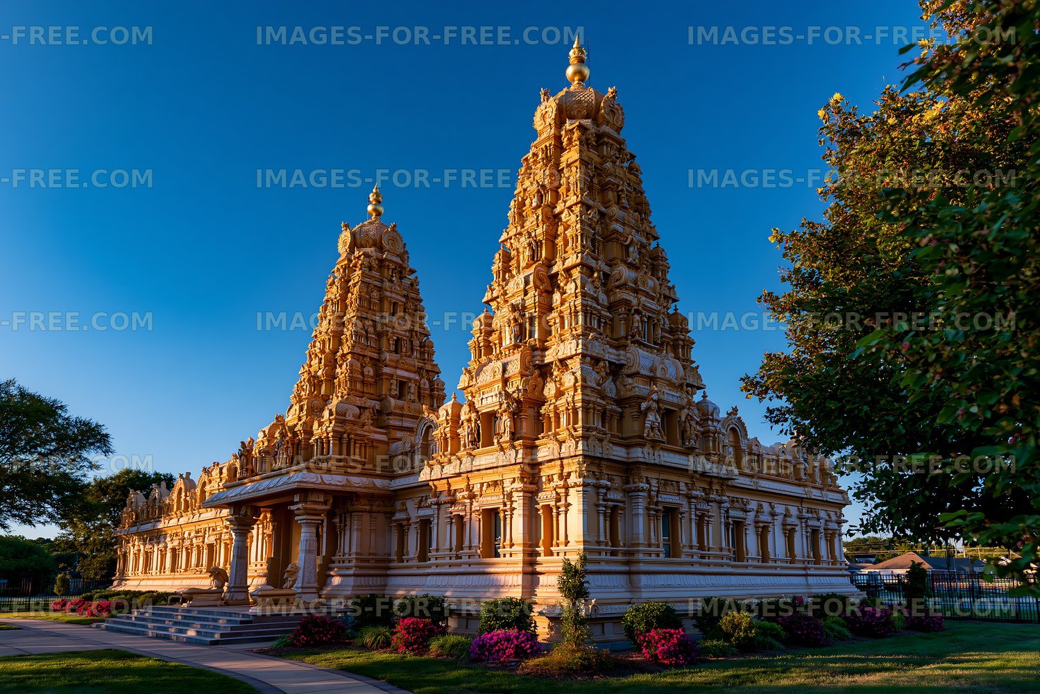 Hindu temple with detailed architecture and blue sky