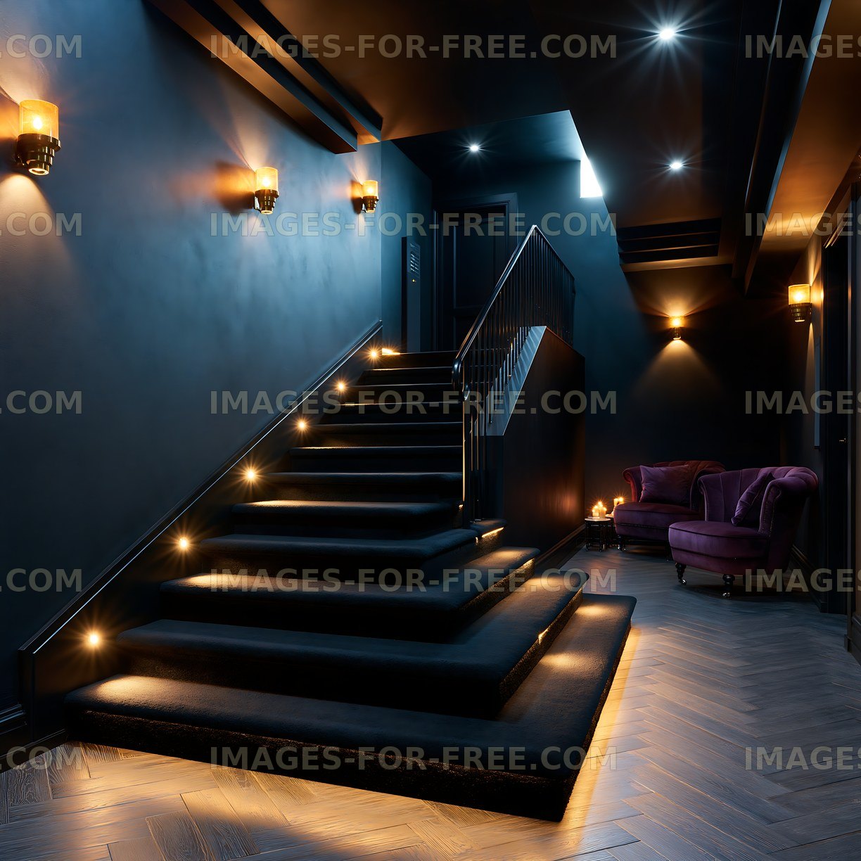Modern staircase with lighting in dark hallway