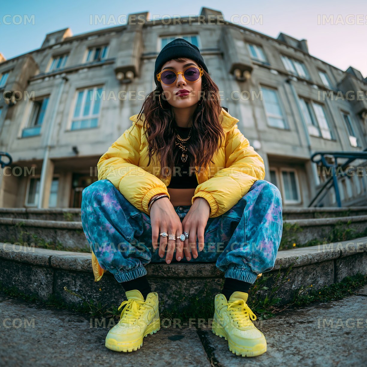 Young woman sitting on steps wearing stylish outfit