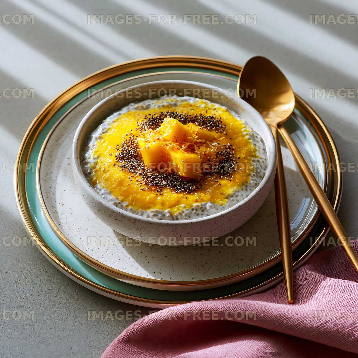 Chia pudding with mango and poppy seeds on a table