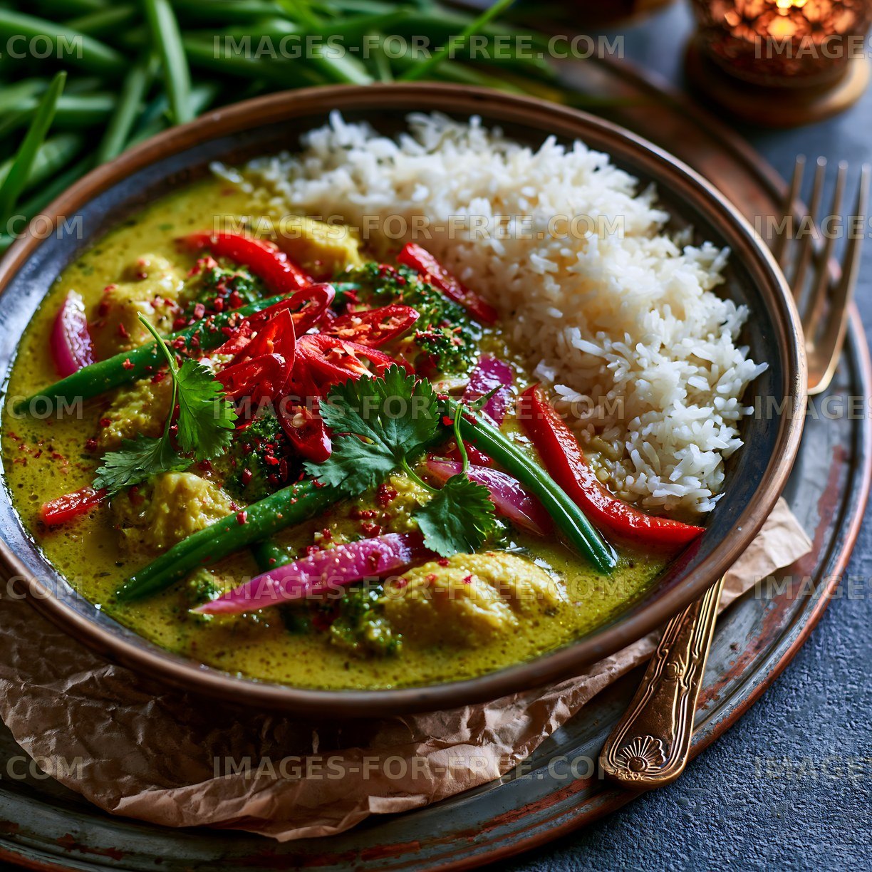 Chicken curry served with rice and fresh vegetables